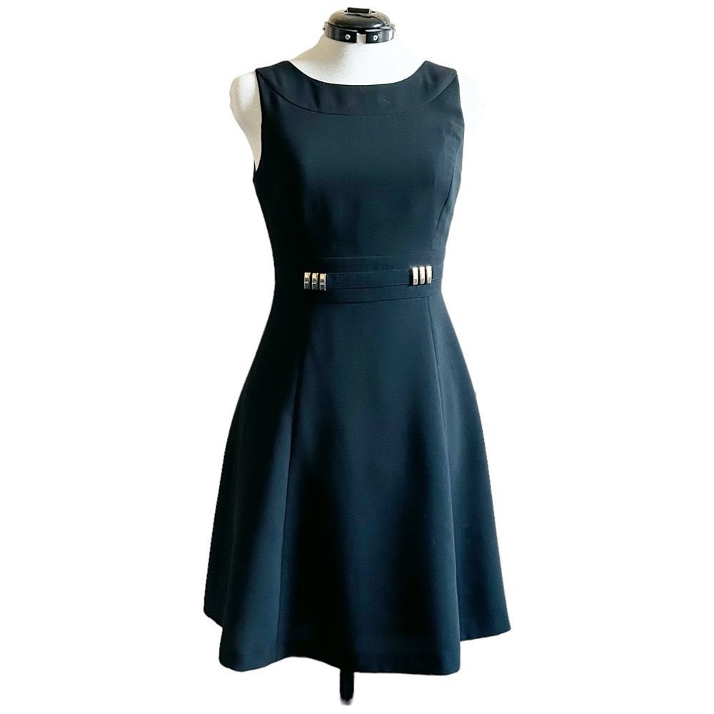 Tahari black crepe a-line dress w/ metal accent, business, fully lined